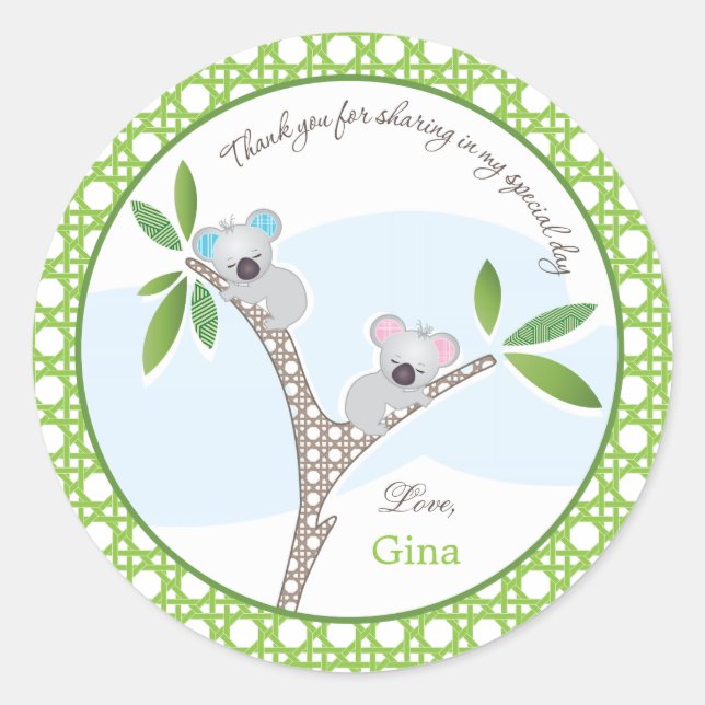 Koala Bear | Twins Baby Shower Favour Sticker (Front)