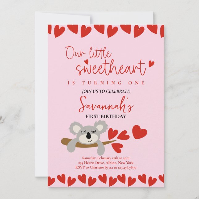 Koala Bear Valentine's Day Sweetheart Birthday Invitation (Front)