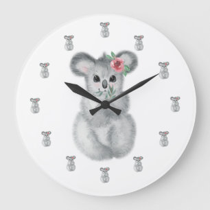 Koala Bear Watercolor Girl Nursery Large Clock