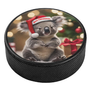 Koala Bear Wearing Santa Hat,  Hockey Puck