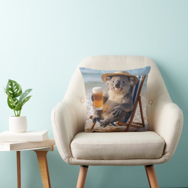 Koala Bear With a Beer on a Beach Throw Pillow (Chair)