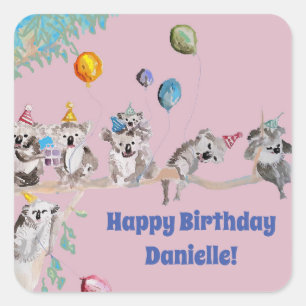 Koala Bears Birthday Party Animal Girls Pink Square Sticker