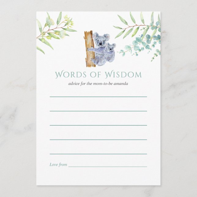 Koala Bears Eucalyptus Leaves Baby Shower Advice Card (Front)