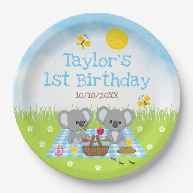 Koala Bears Picnic Blue Gingham Birthday Party Paper Plate (Front)