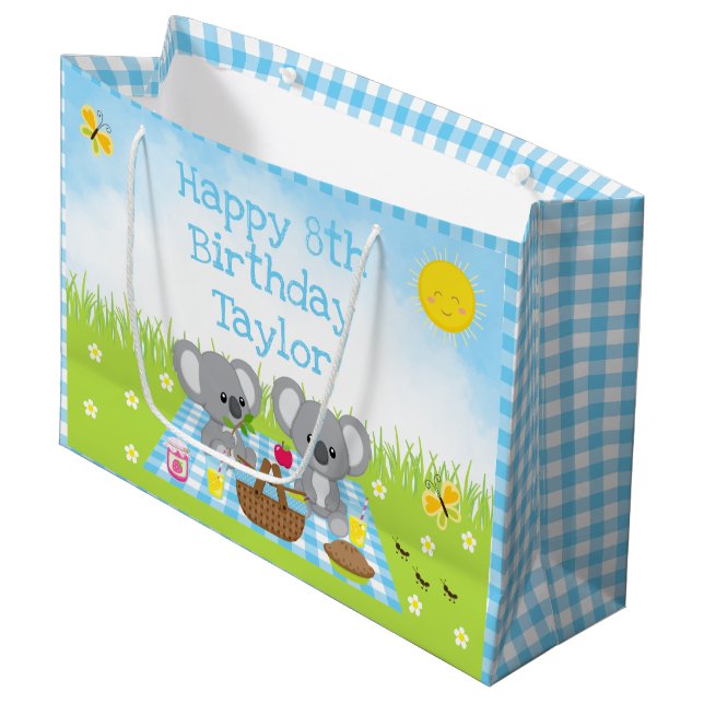 Koala Bears Picnic Blue Gingham Happy Birthday Large Gift Bag (Front Angled)