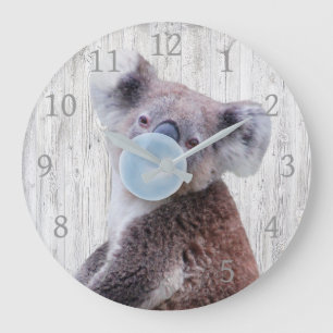 Koala Blowing Blue Bubble gum Wood Texture Large Clock