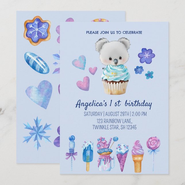 koala cake Ice-cream Blue Watercolor 1st Birthday Invitation (Front/Back)
