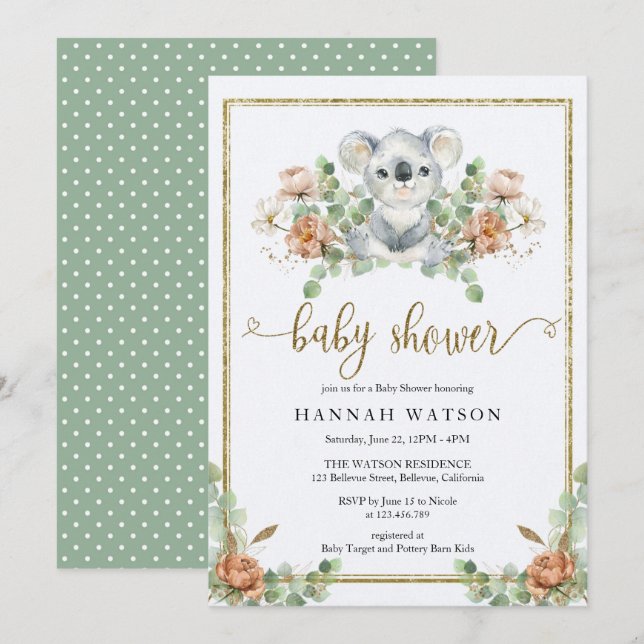 Koala Eucalyptus Woodland Elegant Baby Shower Invitation (Front/Back)