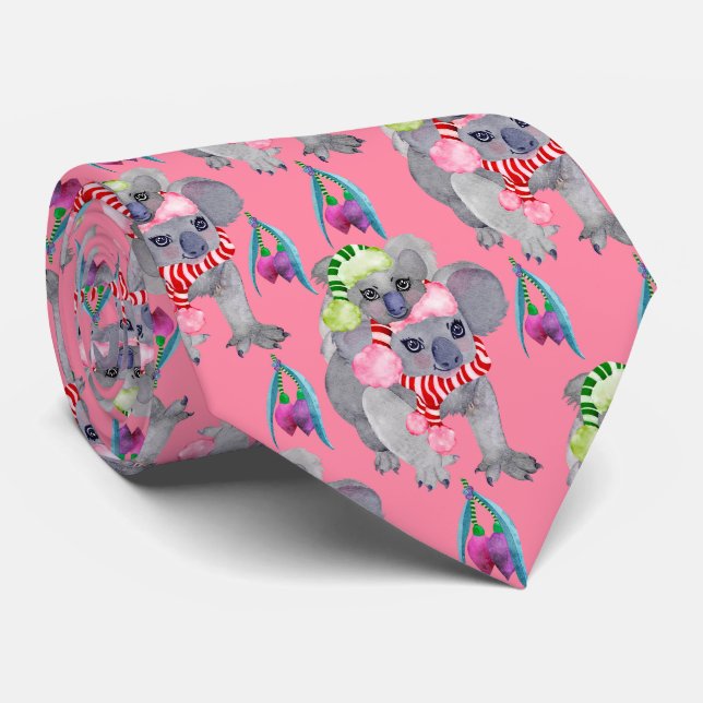 Koala Family Christmas Pink Tie (Rolled)