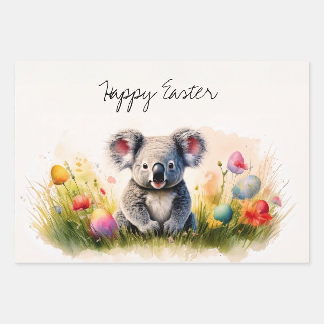 Koala field of Easter eggs Happy Easter Wrapping Paper Sheet (Front)