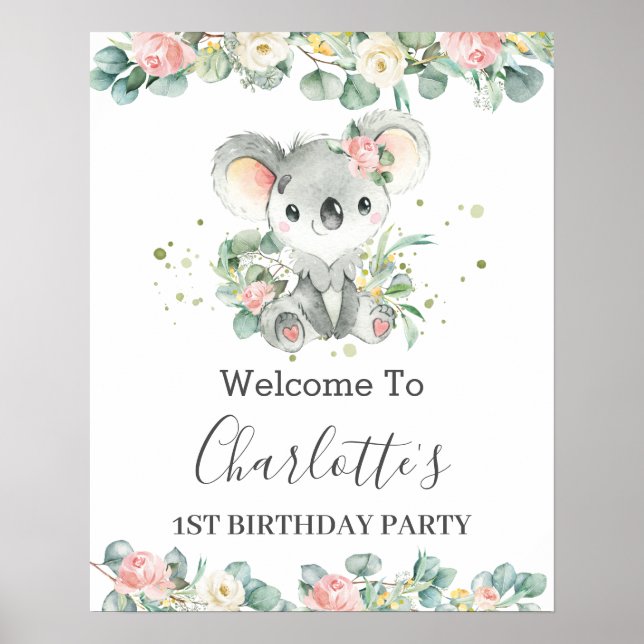 Koala Floral Greenery Baby Shower Birthday Welcome Poster (Front)