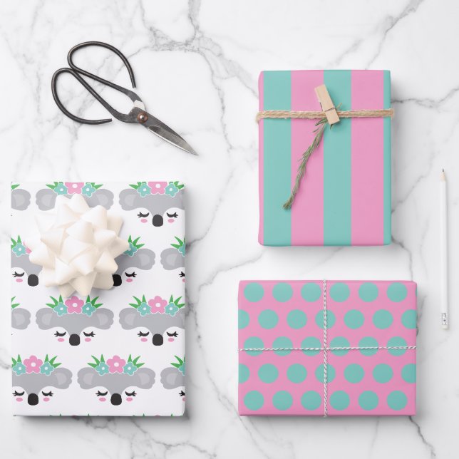 Koala Floral Pastel Wrapping Paper Sheet Set (Front)