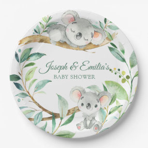 Koala Green and Gray Gender Neutral Baby Shower Paper Plate