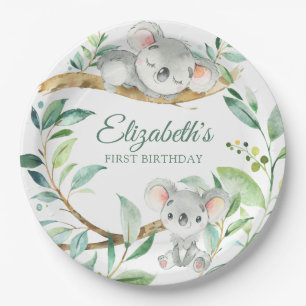 Koala Green and Grey Gender Neutral Baby Birthday Paper Plate