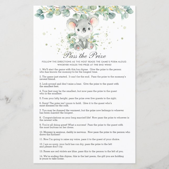 Koala Greenery Baby Shower Pass the Prize  (Front)