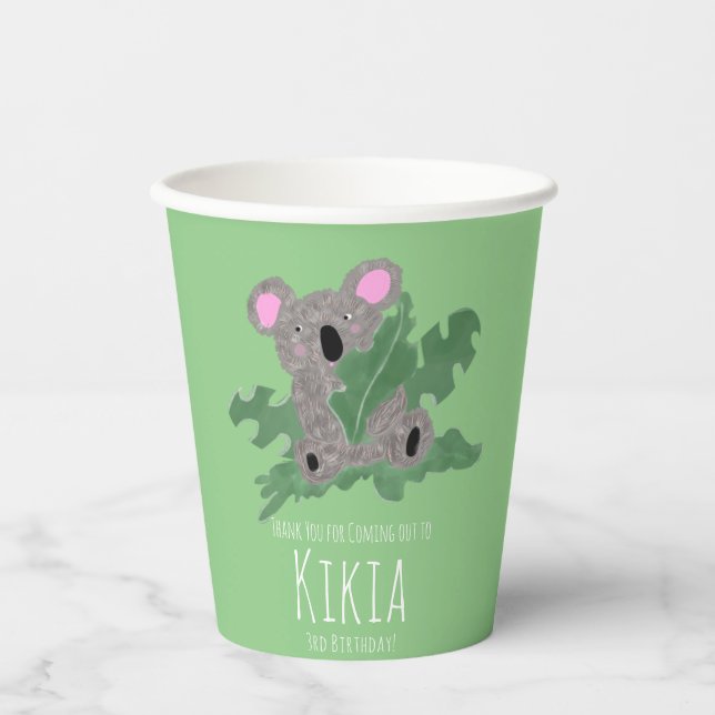 Koala Hand Drawn Animal Green Birthday Party     Paper Cups (Front)