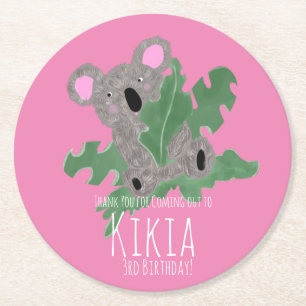 Koala Hand Drawn Bear Birthday Party Pink Round Paper Coaster