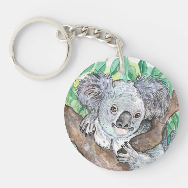 Koala in Eucalyptus Tree Painting Keychain (Front)