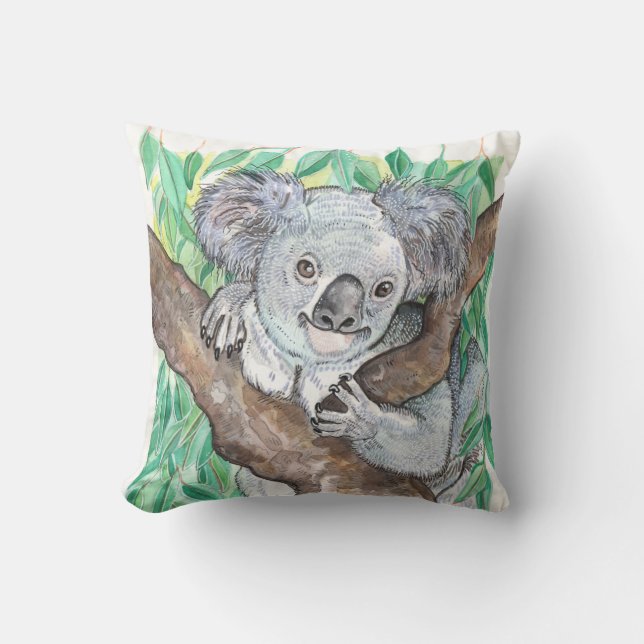 Koala in Eucalyptus Tree Painting Throw Pillow (Front)