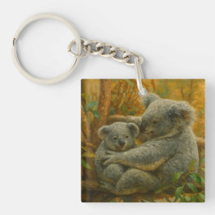 Koala Mother and Joey in Autumn Canopy Keychain
