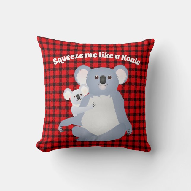Koala Mum with her Joey on Buffalo Plaid  Throw Pillow (Front)
