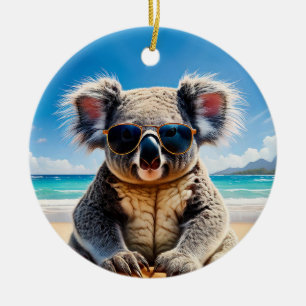 Koala on a sandy beach Merry Christmas Ceramic Ornament