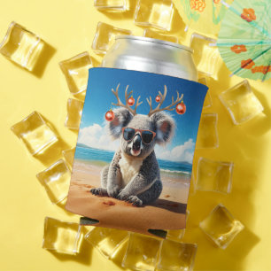 Koala on beach wearing Antlers and baubles Can Cooler