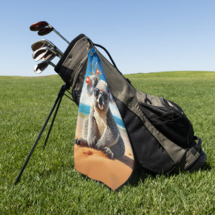 Koala on beach wearing Antlers and baubles Golf Towel