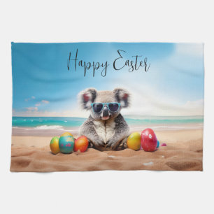 Koala on beach with Easter eggs Happy Easter Kitchen Towel