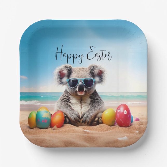 Koala on beach with Easter eggs Happy Easter Paper Plate (Front)