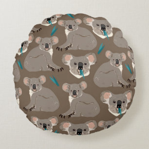 Koala on neutral brown background seamless vintage round pillow