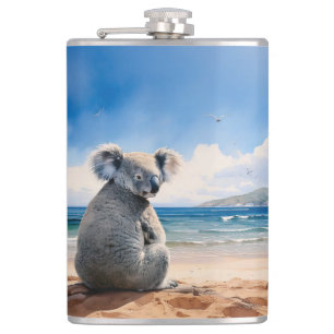 Koala on sandy beach hip flask