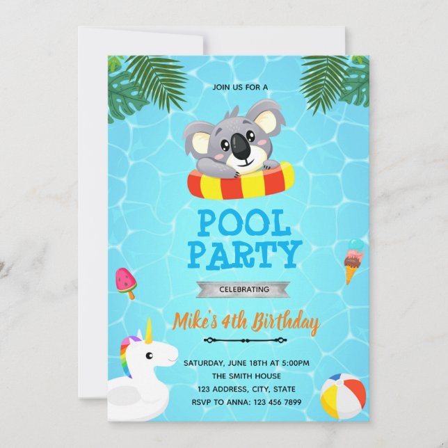 Koala pool party invitation (Front)
