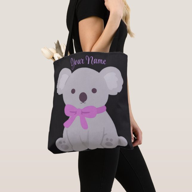 Koala Purple Bow Cute Kawaii Custom Black Tote Bag (Close Up)