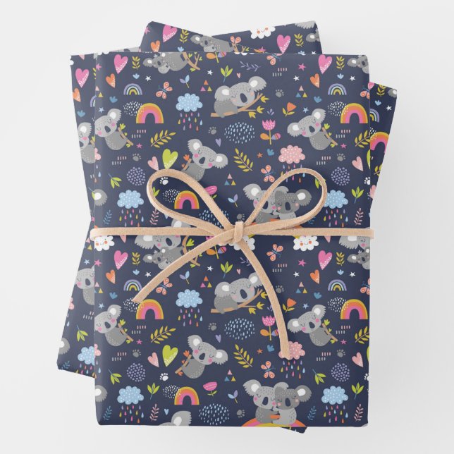 Koala Rainbow Love Pattern Wrapping Paper Sheet (In situ)