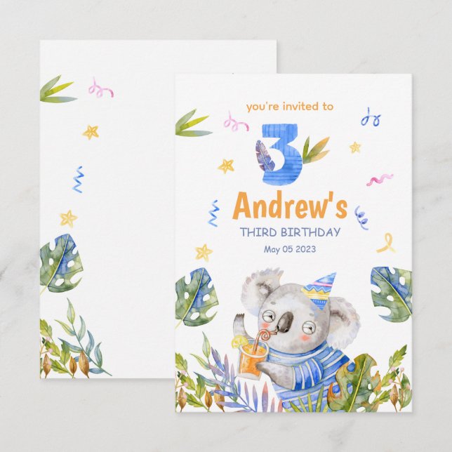 Koala Safari Animals, Koala Birthday  Invitation (Front/Back)