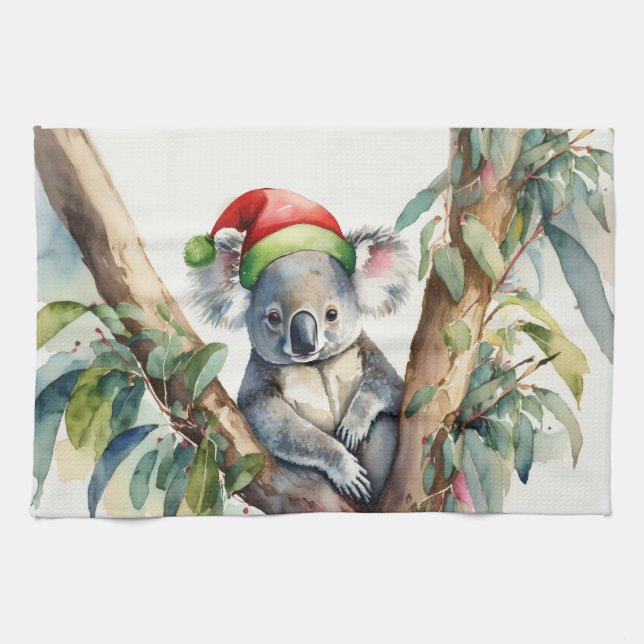 Koala Santa Hat sitting in a gumtree Kitchen Towel (Horizontal)
