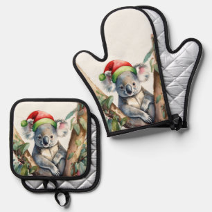 Koala Santa Hat sitting in a gumtree Oven Mitt & Pot Holder Set