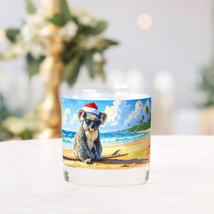 Koala santa hat sunglasses sandy beach whiskey glass