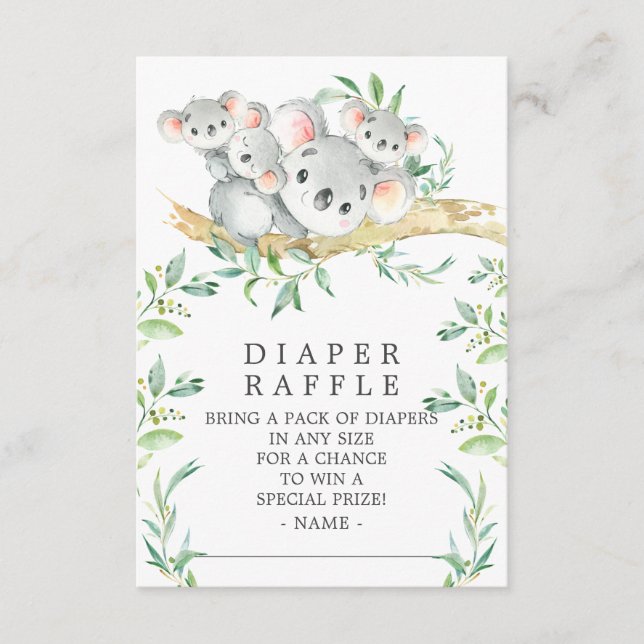 Koala Triplets Baby Shower Diaper Raffle Ticket Enclosure Card (Front)