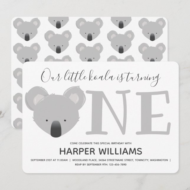 Koala Turning One Cute Animal 1st Birthday  Invitation (Front/Back)