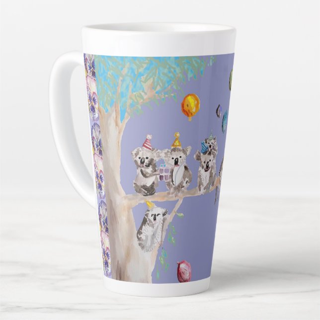 Koala Watercolor Purple Birthday Party Latte Mug (Left Angle)