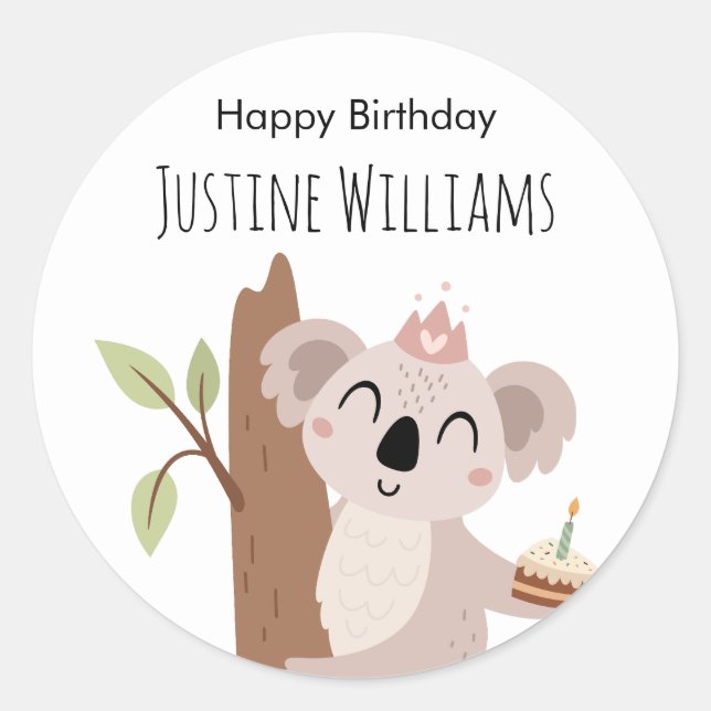 Koala with birthday cake classic round sticker (Front)