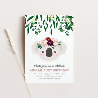 Koala with Flower Crown Birthday Invitation