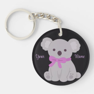 Koala with Purple Bow Cute Kawaii Custom Black Keychain