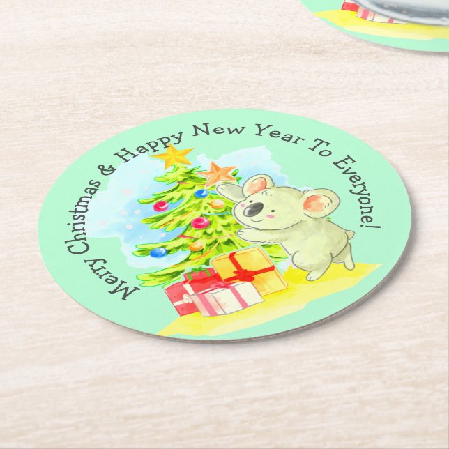 Koala with Tree, Australian Christmas Party  Round Paper Coaster (Angled)