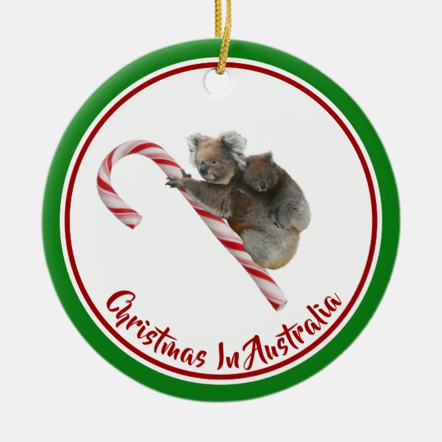 Koalas On Candy Cane Down Under  Ceramic Ornament (Front)