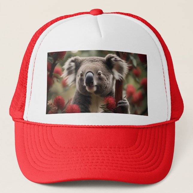 "Koala's Retreat: Nestled in a Red Banksia Tree" Trucker Hat (Front)