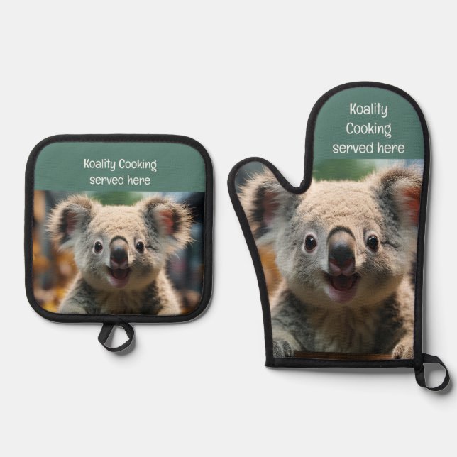 Koality Cooking served here Fun Kitchen Oven Mitt & Pot Holder Set (Front)