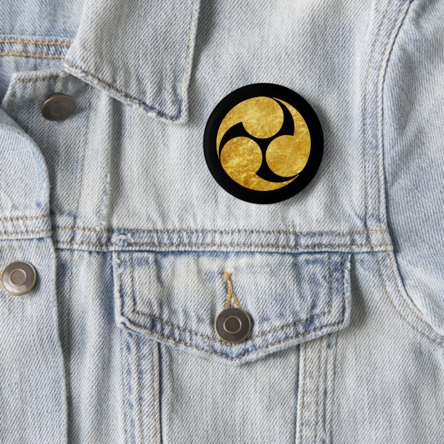 Kobayakawa Mon Japanese faux gold on black 2 Inch Round Button (In Situ)